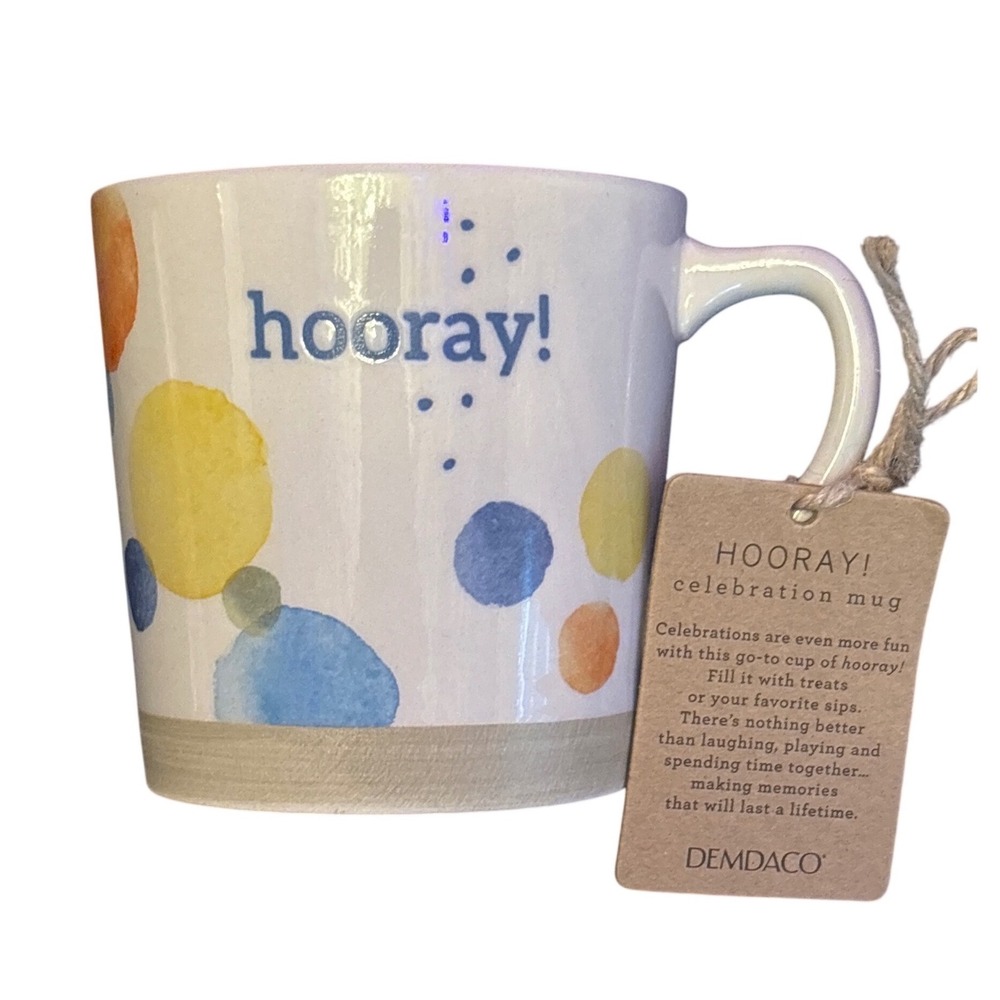 NEW DEMDACO Hooray Celebration Mug Polka Dot Ceramic Coffee Cup